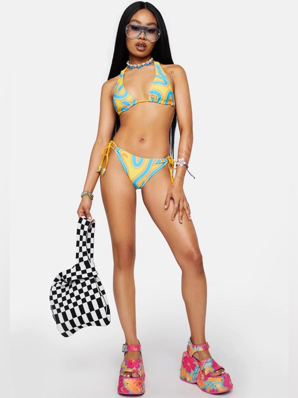 Yellow Wave-Print Tie-Side Bikini Top & Bottom Set